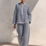 Women's Light‑Blue Linen Fabric Stand‑Collar Half‑Zip Oversized Top & Wide‑Leg Pants Set