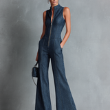 Women's Retro Style Dark Blue Denim Sleeveless High-Neck Flared Jumpsuit With Front Zipper MDZ1239B2BA