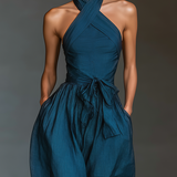 Women's Navy Blue Linen Fabric Cross Halter Wide-Leg Jumpsuit With Tie Waist & Side Pockets MDZ0455B5T