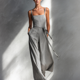 Women's Minimalist Linen Blend Gray Spaghetti-Strap Square-Neck Tie-Waist Wide-Leg Jumpsuit MDA2666L5AU