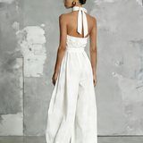 Women's Elegant White Woven Sleeveless Halter-neck Jumpsuit MDZ0554A3AN