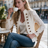 Retro White Stand-up Collar Double-breasted Lace Jacket