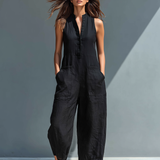 Women's Minimalist Linen Blend Button-up Stand-collar Sleeveless Loose Jumpsuit MDZ2725A5Y