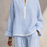 Women's Light‑Blue Linen Fabric Stand‑Collar Half‑Zip Oversized Top & Wide‑Leg Pants Set