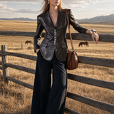 Equestrian Chocolate Brown Faux Leather Blazer Women Tailored Silver Button Fall Jacket