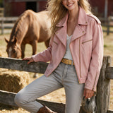 Retro Pink Collared Zip-up Denim Jacket
