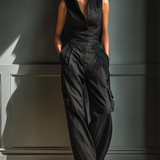 Women's Black Cotton And Linen Blend Sleeveless Collared Jumpsuit With Cargo Pockets MDZ0908A3T