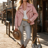 Retro Pink Collared Zip-up Denim Jacket