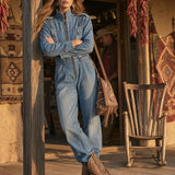 Vintage Washed Denim Blue Military Officer-style Bronze Button-down Collar Jumpsuit