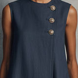 Women's Minimalist Commuter Style Navy Blue Linen Round Neck Asymmetric Buttons Side Pocket Sleeveless Mini Dress MDZ0395F6GMJ