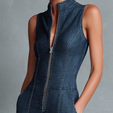 Women's Retro Style Dark Blue Denim Sleeveless High-Neck Flared Jumpsuit With Front Zipper MDZ1239B2BA