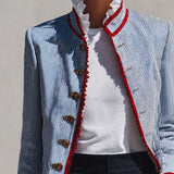 Elegant Vintage Ruffled Stand Collar Lace Trim Blue And White Striped Jacket