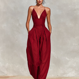 Women's Red Linen Jumpsuit With Spaghetti Straps & High-Waisted Pleated Pants, Timeless Romantic-Elegant Style Jumpsuit MDZ1915C8I