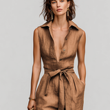 Women's Tobacco Brown Linen Jumpsuit With Self-Tie Waist & Collared V-Neck, Timeless Resort-Casual Style Jumpsuit MDZ0638B5I