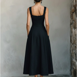 Women's Black Maxi Dress With Wide Square Neck Thick Straps & Side Patch Pockets, Minimalist Elegant Formal Swing Dress MDZ2269F2LYL