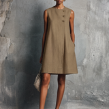 Women's Minimalist Commuter Style Navy Blue Linen Round Neck Asymmetric Buttons Side Pocket Sleeveless Mini Dress MDZ0395F6GMJ