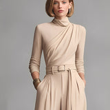 Women's Neutral-colored Cotton Blend Knit Jumpsuit With Gathered Waist MDA1516L0I