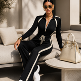 Women's Waist‑Tracked Sporty Striped Zip Collar Jumpsuit MDZ1256H1LYL