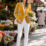 Stylish And Casual Silver Ribbon Yellow Velvet Blazer
