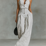 Women's Minimalist Striped Linen Sleeveless Single-Breasted Jumpsuit MDZ1950C7Y