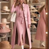 Retro-chic Pink Knit Dress And Leopard-print Lined Wool Blend Coat