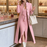 Retro-chic Pink Knit Dress And Leopard-print Lined Wool Blend Coat