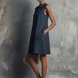 Women's Minimalist Commuter Style Navy Blue Linen Round Neck Asymmetric Buttons Side Pocket Sleeveless Mini Dress MDZ0395F6GMJ