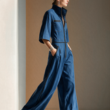 Women's Denim Stand-Collar Zip Black-Trim Cargo-Pocket Short-Sleeve Wide-Leg Jumpsuit MDZ2514H3CMX