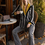 Retro-elegant Color-blocked Collar Gray Striped Velvet Blazer