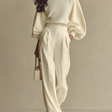 Women's Off-white Lightweight Woven Wide Leg Pants with High Waist & Loose Fit, Sophisticated Office Chic Trousers MDZ0856A8I