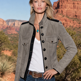 Military Chic Grey Faux Suede Jacket Women Leather Trim Stand Collar Fitted