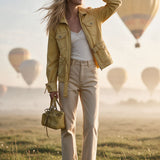 Retro Yellow Collared Zip-up Belt Multi-pocket Denim Jacket