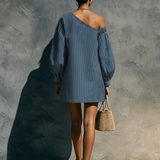 Women's Minimalist Striped One-Shoulder Long-Sleeve Embroidered Mini Dress MDZ1165F9WY