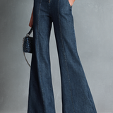 Women's Retro Style Dark Blue Denim Sleeveless High-Neck Flared Jumpsuit With Front Zipper MDZ1239B2BA