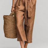 Women's Tobacco Brown Linen Jumpsuit With Self-Tie Waist & Collared V-Neck, Timeless Resort-Casual Style Jumpsuit MDZ0638B5I