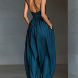 Women's Navy Blue Linen Fabric Cross Halter Wide-Leg Jumpsuit With Tie Waist & Side Pockets MDZ0455B5T