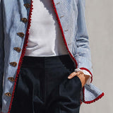 Elegant Vintage Ruffled Stand Collar Lace Trim Blue And White Striped Jacket