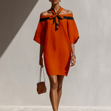 Women’s Orange Off-Shoulder Mini Dress With Black Bow Neck Detail MDZ1340E3T