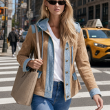 Urban Western Camel Suede Jean Jacket Women Mixed Media Drawstring Hood Coat