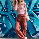 Sporty Retro Pink Striped Hoodie And Brick Red Cotton Pants Set