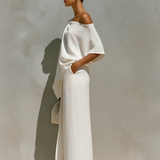 Women's White Linen Set With One-Shoulder Knot Detail & Front Slit, Timeless Minimalist-Resort Style Set MDZ2796C6I