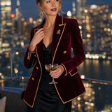 Casual Vintage Double-breasted Burgundy Velvet Blazer