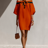 Women’s Orange Off-Shoulder Mini Dress With Black Bow Neck Detail MDZ1340E3T
