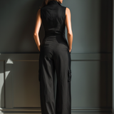 Women's Black Cotton And Linen Blend Sleeveless Collared Jumpsuit With Cargo Pockets MDZ0908A3T