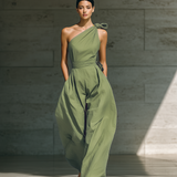 Women's Light Green Cotton And Linen Blend One-Shoulder Wide-Leg Jumpsuit With Tie Waist MDZ3136A8T