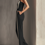 Women's Black Strapless Jumpsuit With Contrast White Vertical Stripe & Side Pockets MDZ0336C7T