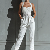 Women's Ivory Cotton And Linen Blend Wide-Leg Jumpsuit With Cinched Waist MDZ0674B7T