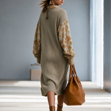 Women's Collared Floral-Panel Drop-Shoulder Balloon-Sleeve Relaxed Knit Midi Dress MDZ2602H8CMX