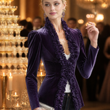 Vintage-style Casual Elegant Purple Velvet Jacket With Ruffles