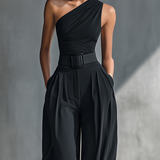 Women's Black Knitted One-Shoulder Ruched Top MDZ2477B1T